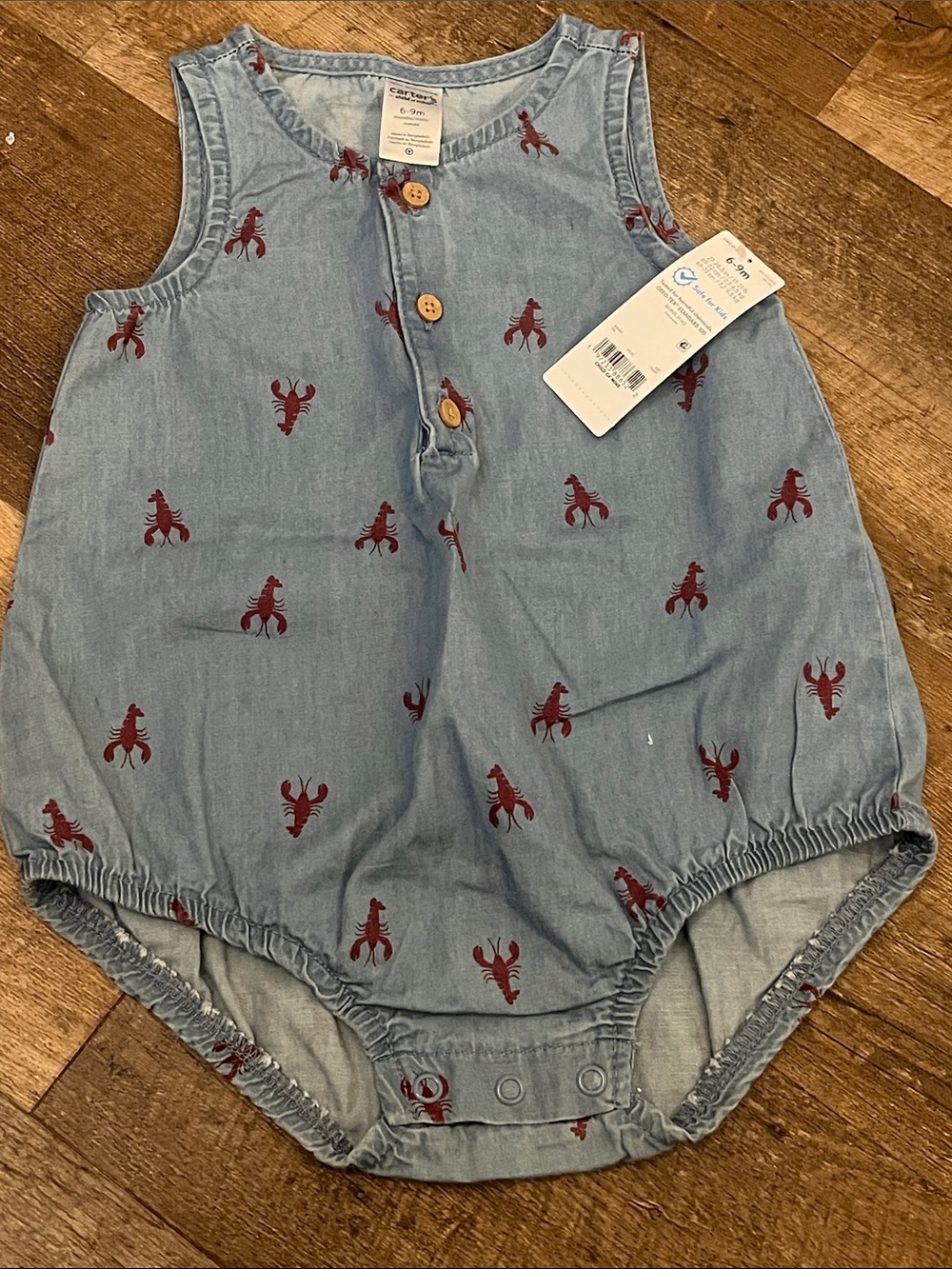 Carters Light Blue Denim-Look Romper with Red Lobster Print